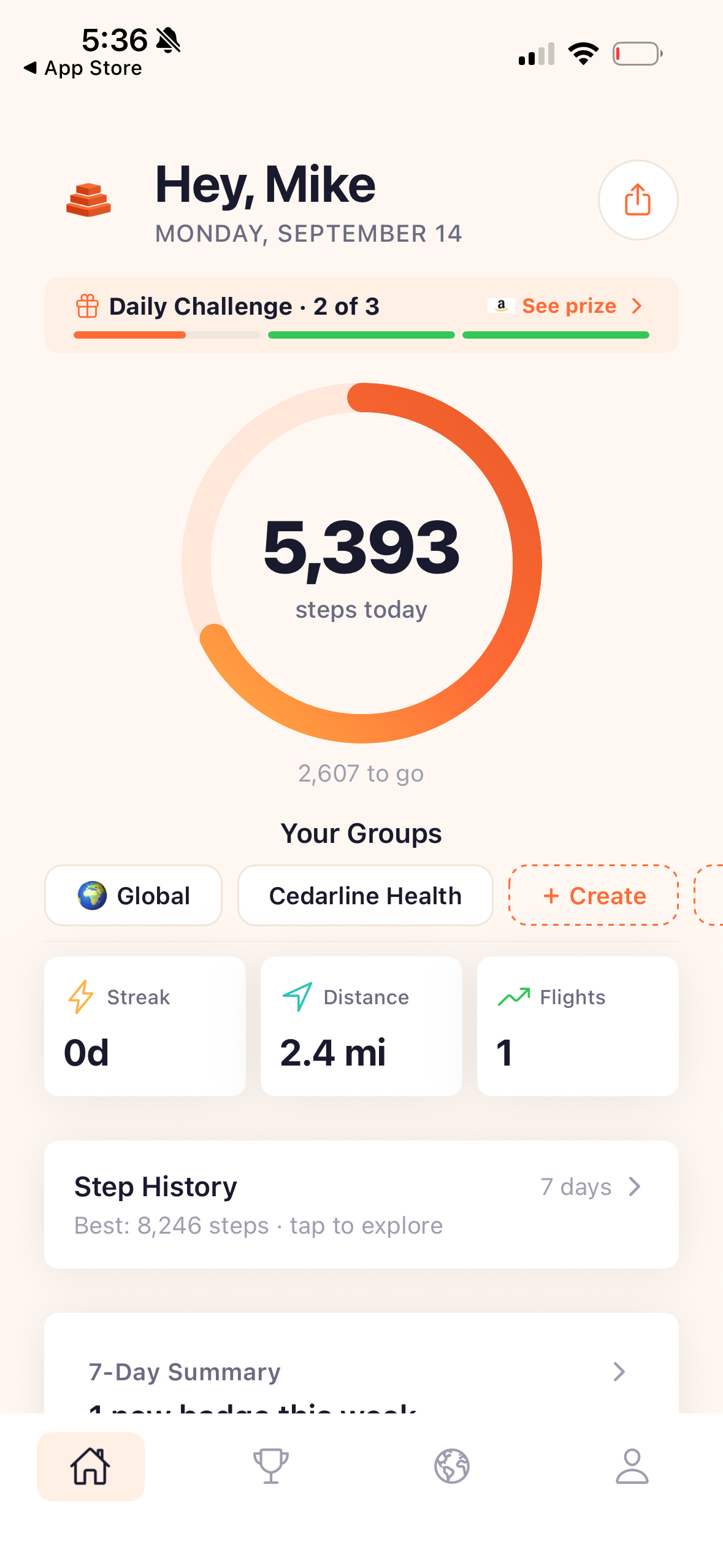 StepRank home screen showing steps today, steps to go, group tabs, and streak