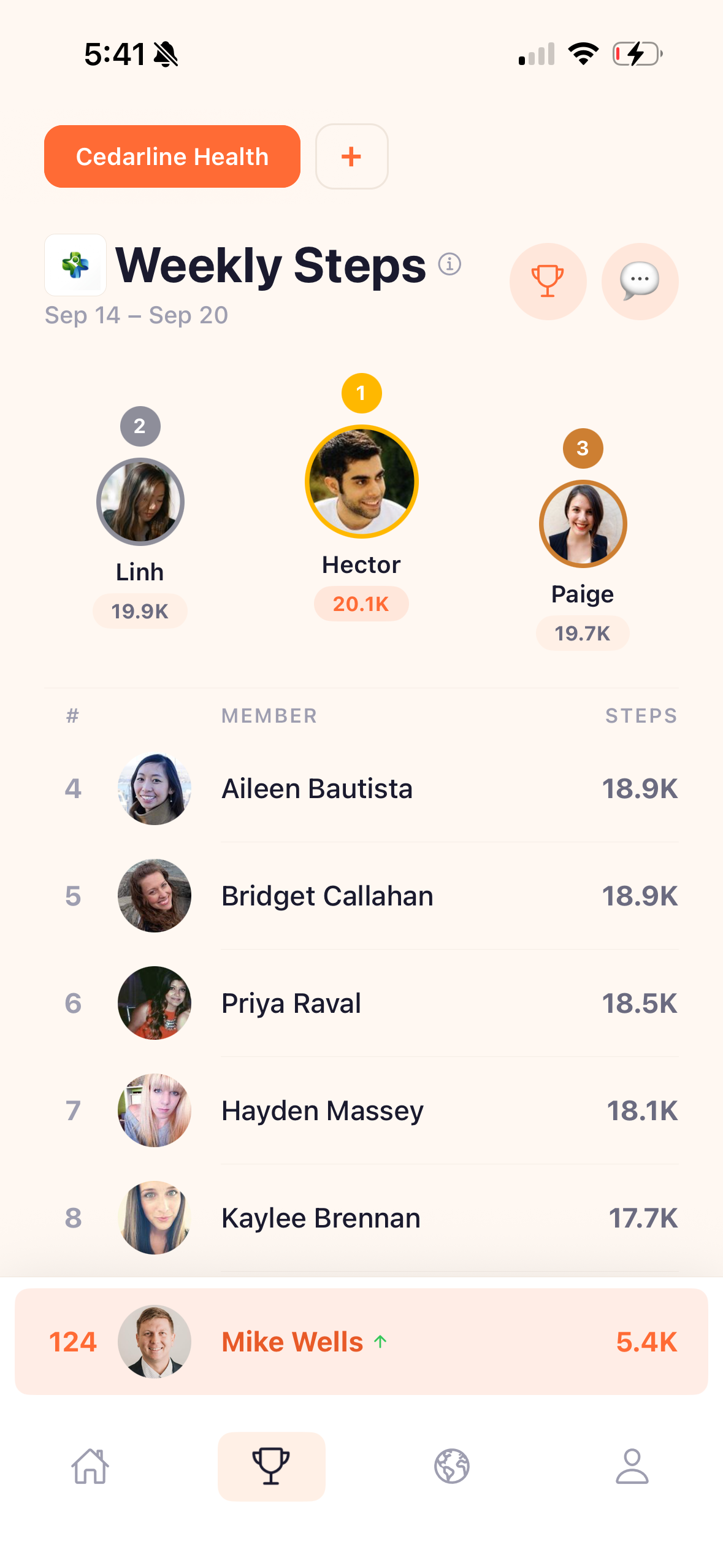 Company group leaderboard showing a weekly podium and a ranked list of coworkers with step totals